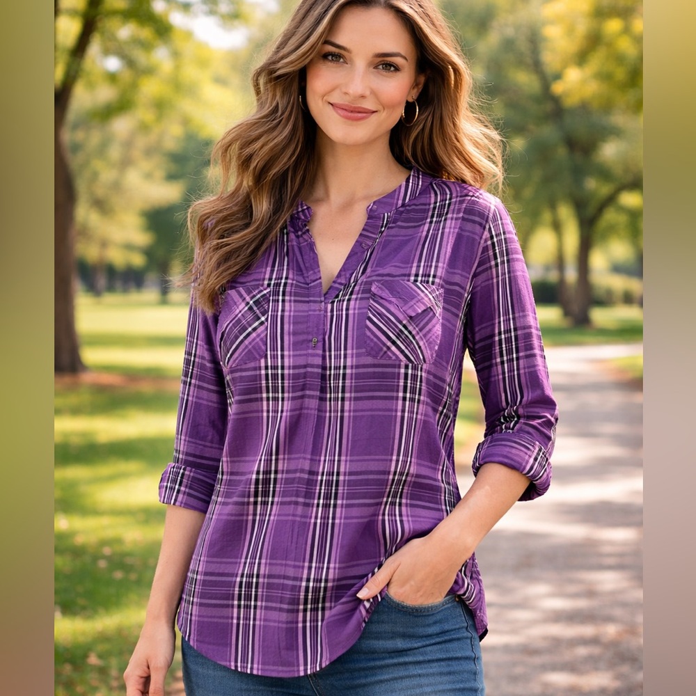 Weatherproof Vintage Purple Plaid Popover Woman’s Shirt Roll Tab Cuffs Size L